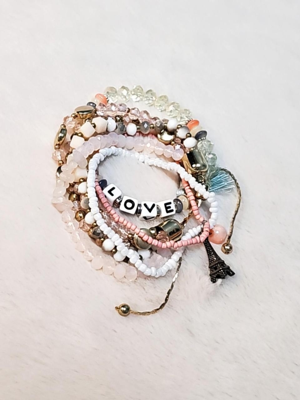 LOVE Multi-Strand Beaded Bracelet Stack in Pink and White
